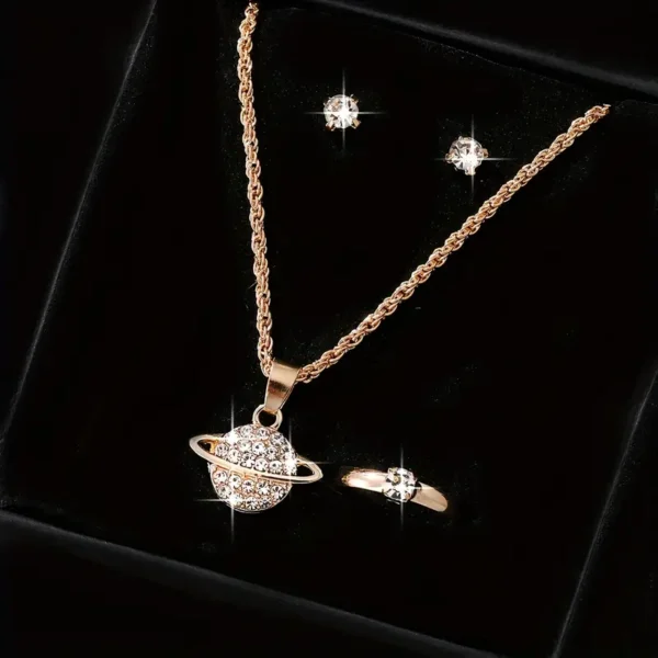 4pcs/set Elegant Jewelry Set, Exquisite Planet Pendant Necklace + 2pcs Stud Earrings + 1pc Ring, Suitable for Daily - Image 4