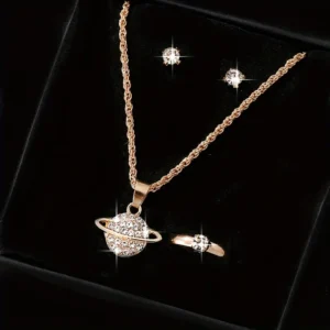 4pcs/set Elegant Jewelry Set, Exquisite Planet Pendant Necklace + 2pcs Stud Earrings + 1pc Ring, Suitable for Daily