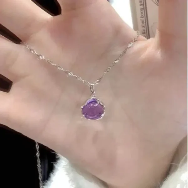 Elegant Silver Plated Zinc Alloy Pendant Necklace with Purple Artificial Crystal - Simple Fashion Jewelry for Daily Wear - Image 7