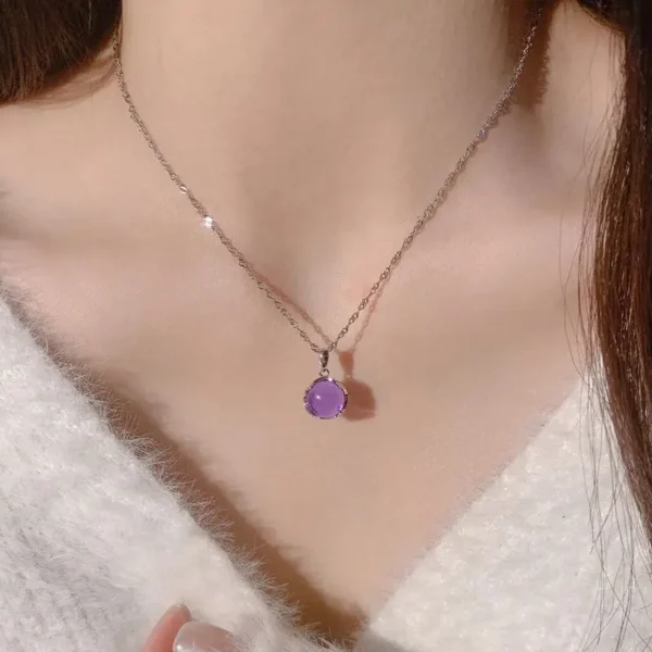 Elegant Silver Plated Zinc Alloy Pendant Necklace with Purple Artificial Crystal - Simple Fashion Jewelry for Daily Wear - Image 6