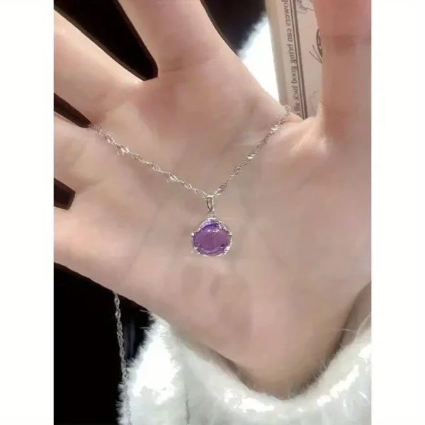 Elegant Silver Plated Zinc Alloy Pendant Necklace with Purple Artificial Crystal - Simple Fashion Jewelry for Daily Wear - Image 3