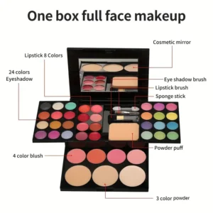 39 Colors, 24 Eyeshadows, 4 Blushes, 8 Lipsticks, 3 Powder Bottles, Brushes, Makeup Mirror, Portable Travel Makeup Box