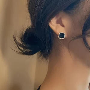 Elegant Geometric Square Stud Earrings with Sparkling Rhinestones - Zinc Alloy & Stainless Steel, Perfect for Casual and Formal Wear