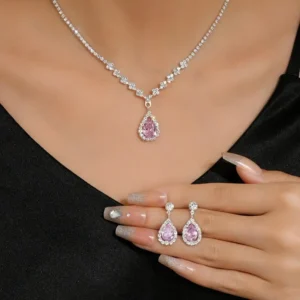 3pcs Wedding Season Claw Chain Zirconia Water Drop Shape Women's Earrings Necklace Gorgeous Jewelry