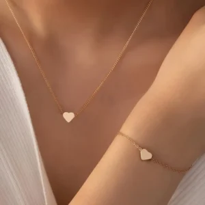 2pcs Golden-Toned Heart Charm Necklace & Bracelet Set - Elegant Zinc Alloy Jewelry ,  Daily Wear & Parties, Jewelry Set