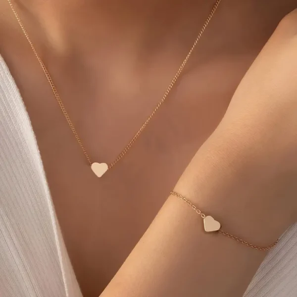 2pcs Golden-Toned Heart Charm Necklace & Bracelet Set - Elegant Zinc Alloy Jewelry ,  Daily Wear & Parties, Jewelry Set