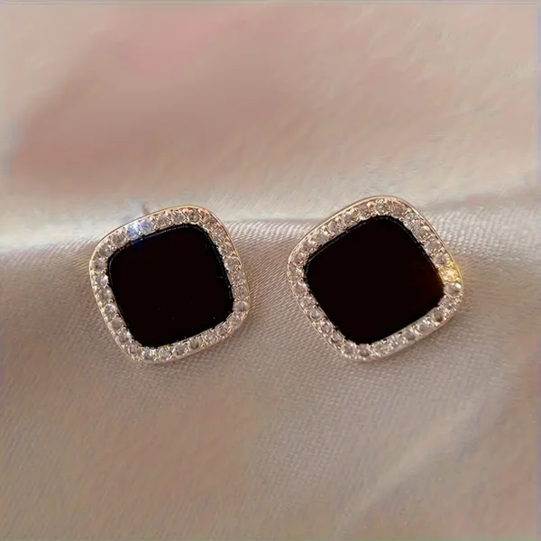 Elegant Geometric Square Stud Earrings with Sparkling Rhinestones - Zinc Alloy & Stainless Steel, Perfect for Casual and Formal Wear - Image 4