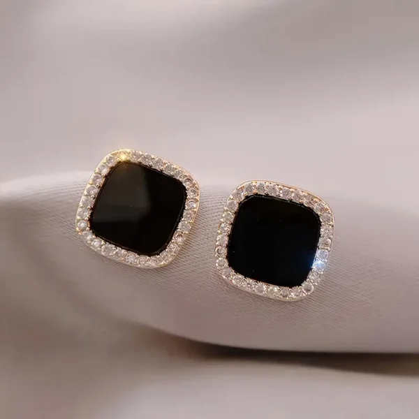 Elegant Geometric Square Stud Earrings with Sparkling Rhinestones - Zinc Alloy & Stainless Steel, Perfect for Casual and Formal Wear - Image 2