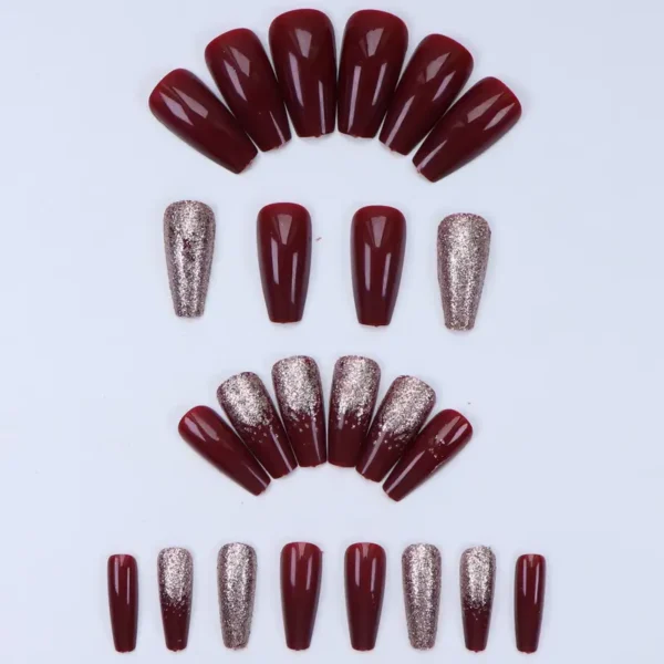 24pcs Luxury Burgundy Ballet Press-On Nails Set, Long Full Cover French Glitter Fake Nail Tips with Jelly Glue & Nail File, Glossy Finish,Girls Parties & Daily Wear - Image 4
