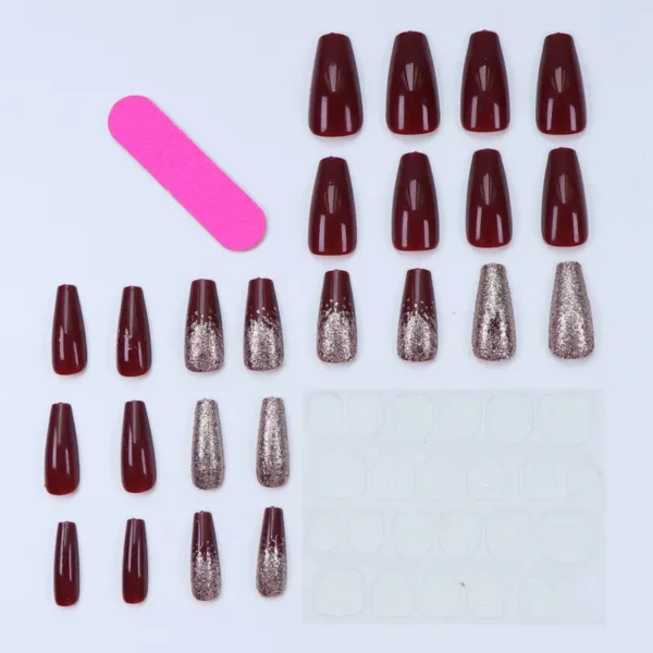 24pcs Luxury Burgundy Ballet Press-On Nails Set, Long Full Cover French Glitter Fake Nail Tips with Jelly Glue & Nail File, Glossy Finish,Girls Parties & Daily Wear - Image 5
