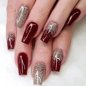 24pcs Luxury Burgundy Ballet Press-On Nails Set, Long Full Cover French Glitter Fake Nail Tips with Jelly Glue & Nail File, Glossy Finish,Girls Parties & Daily Wear